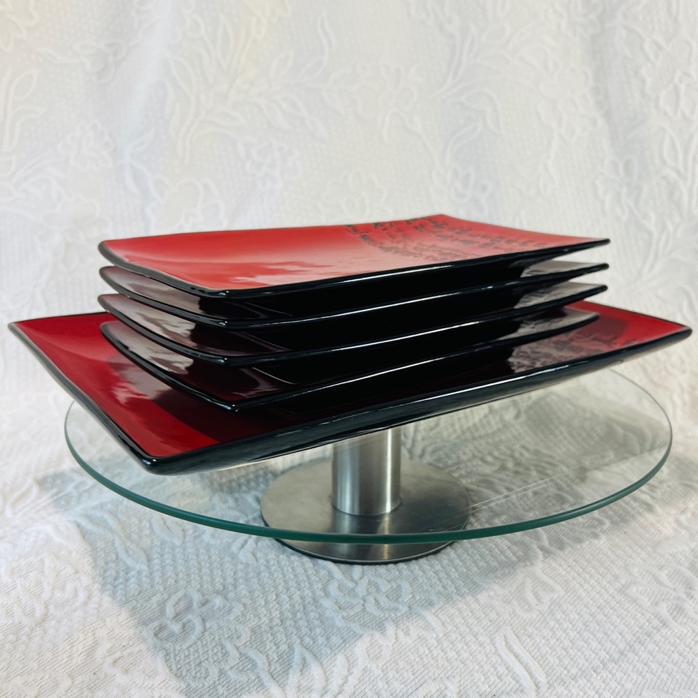Pier 1 RARE Beijing Platter Lunch Dinner 5 Pc Set Tray Red Black Rectangle EUC